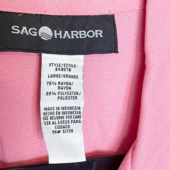 SAG HARBOR WOMENS BUTTON FRONT TOP PINK SIZE L COLLAR SHORT SLEEVE - Picture 3 of 4